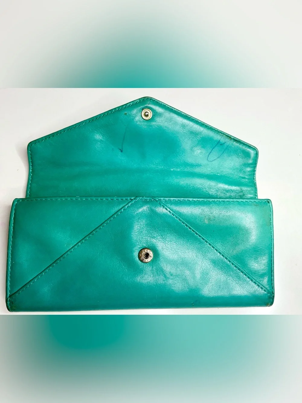 Tory Burch Green Leather Continental Envelope Wallet with Blue Enamel Bow